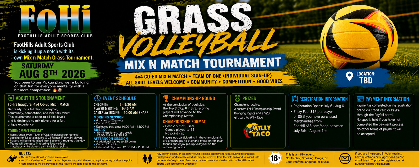 FoHi Grass Volleyball Mix n Match Tournament — Saturday August 8th 2026, 4v4 co-ed, all skill levels