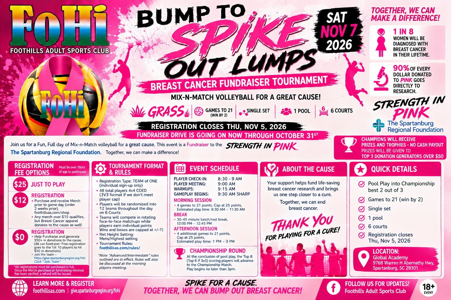 Bump to Spike Out Lumps — Breast Cancer Fundraiser Mix n Match Volleyball Tournament, Saturday November 7 2026, Global Academy Spartanburg SC, grass 4v4 coed, all skill levels
