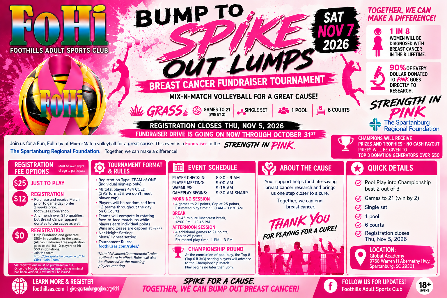 Bump to Spike Out Lumps — Breast Cancer Fundraiser Mix n Match Volleyball Tournament, Saturday November 7 2026, Global Academy Spartanburg SC, grass 4v4 coed, all skill levels